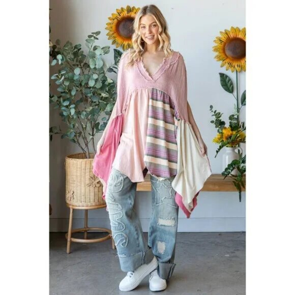 Oli & Hali Washed Mixed Media V Neck Pointed Hem Babydoll Top Pink Oversized Siz - Picture 1 of 9